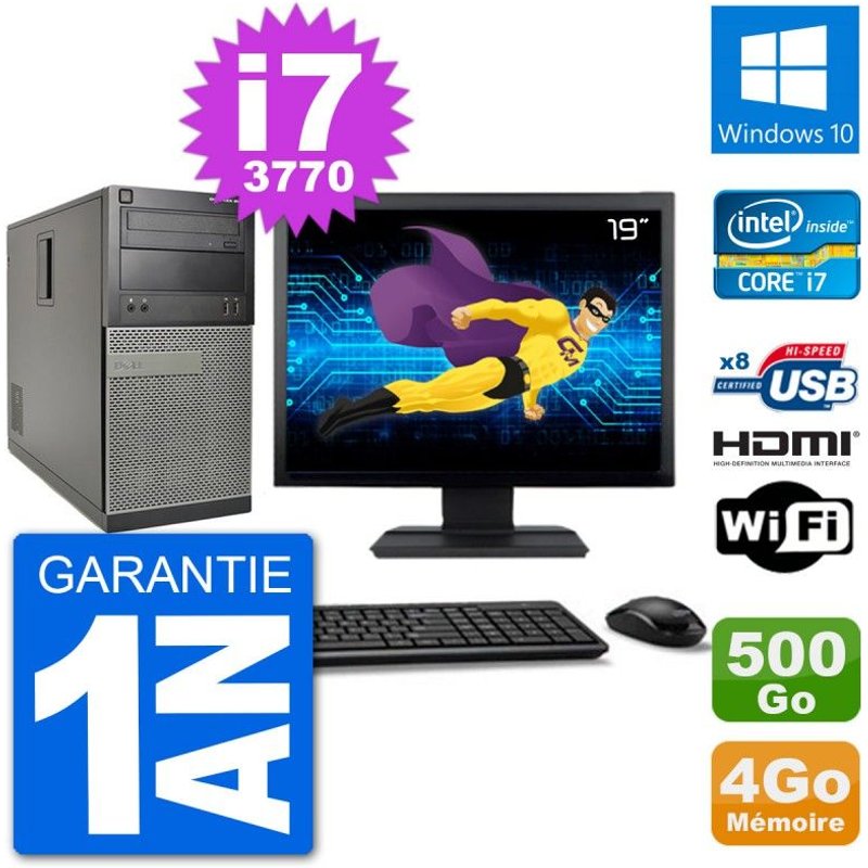 PC Dell 3010 MT Ecran 19" i7-3770 RAM 4Go Disque Dur 500Go HDMI Windows 10 Wifi