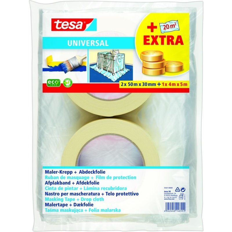 Lots de 2 rouleaux masquage Tesa 50mx30mm crème + 1 bâche