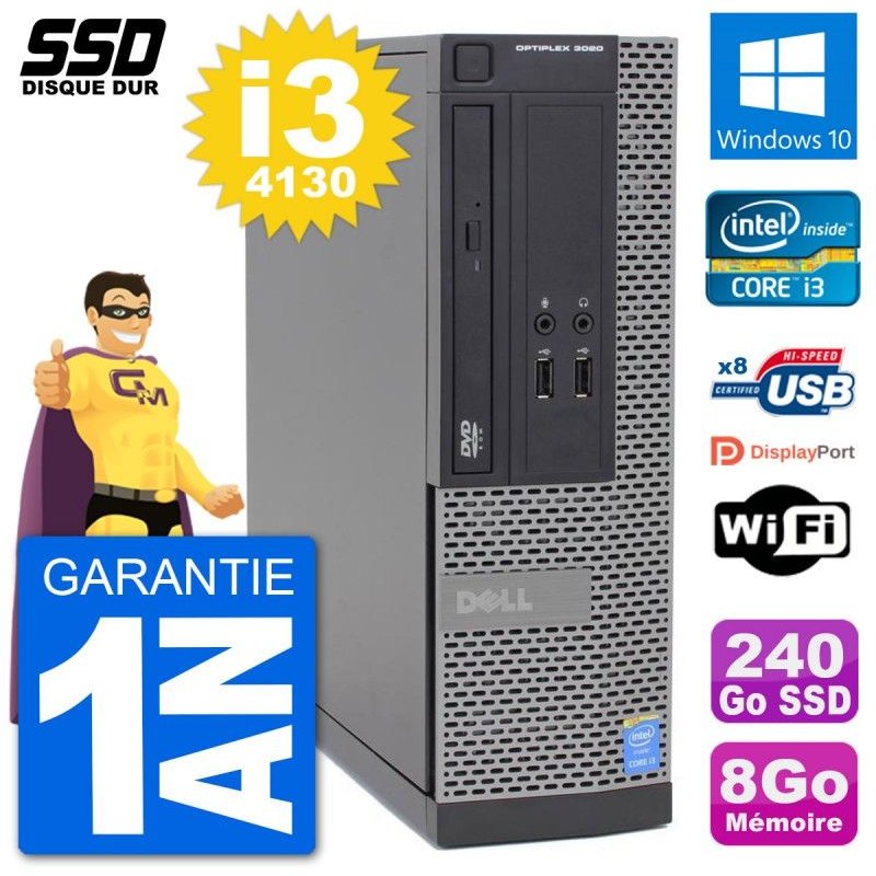 PC Dell Optiplex 3020 SFF i3-4130 RAM 8Go SSD 240Go Windows 10 Wifi
