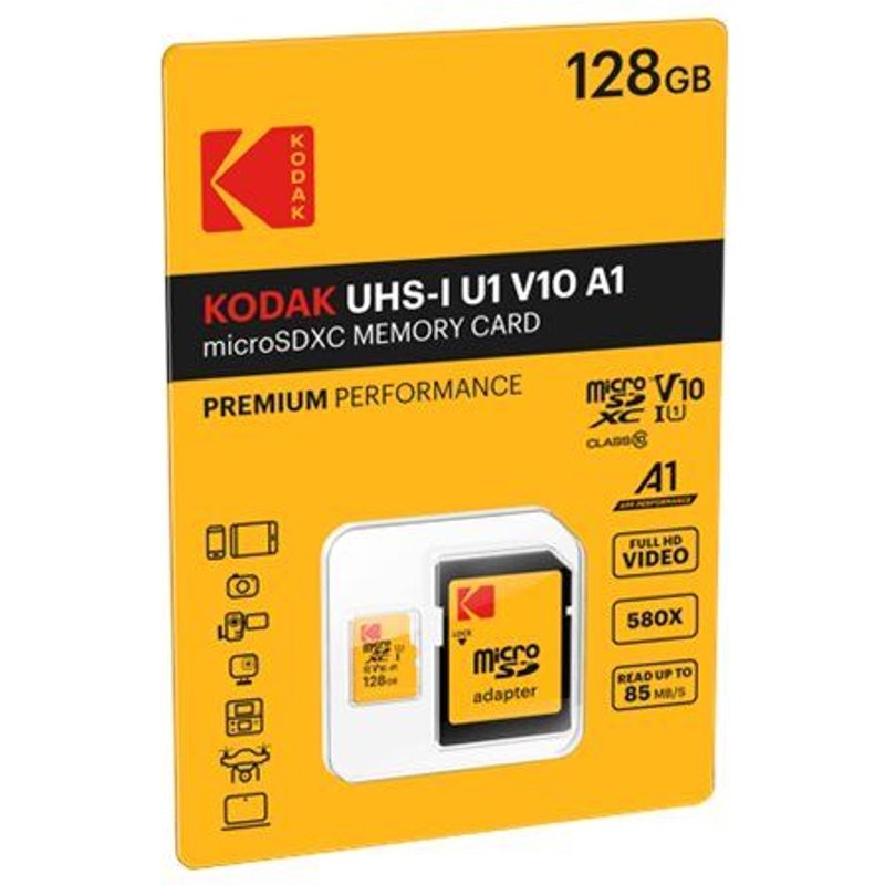 Kodak - Carte mémoire flash (adaptateur microSDXC vers SD inclus(e)) - 128 Go - UHS Class 1 / Class10 - 580x - microSDXC UHS-I