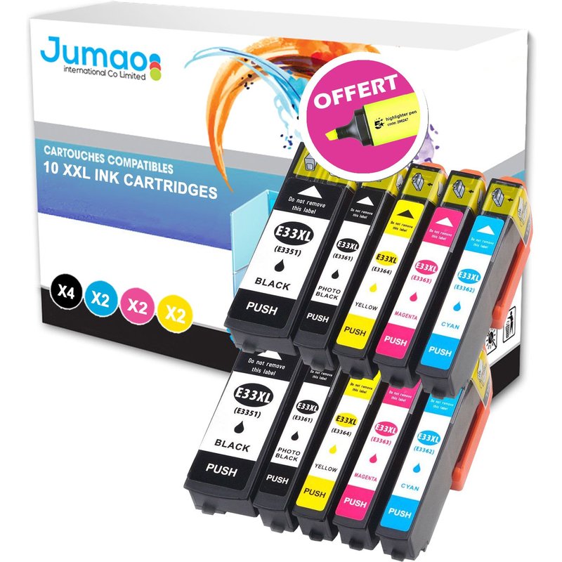 Lot de 10 cartouches (2*N (22ml), 2* NPH (13ml), 2*CMY(13ml)) compatibles pour Epson Expression Premium XP-540+ Fluo offert -Jumao-