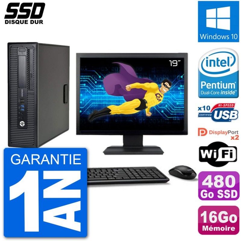 PC HP EliteDesk 800 G1 Ecran 19" Intel G3220 RAM 16Go SSD 480Go Windows 10 Wifi