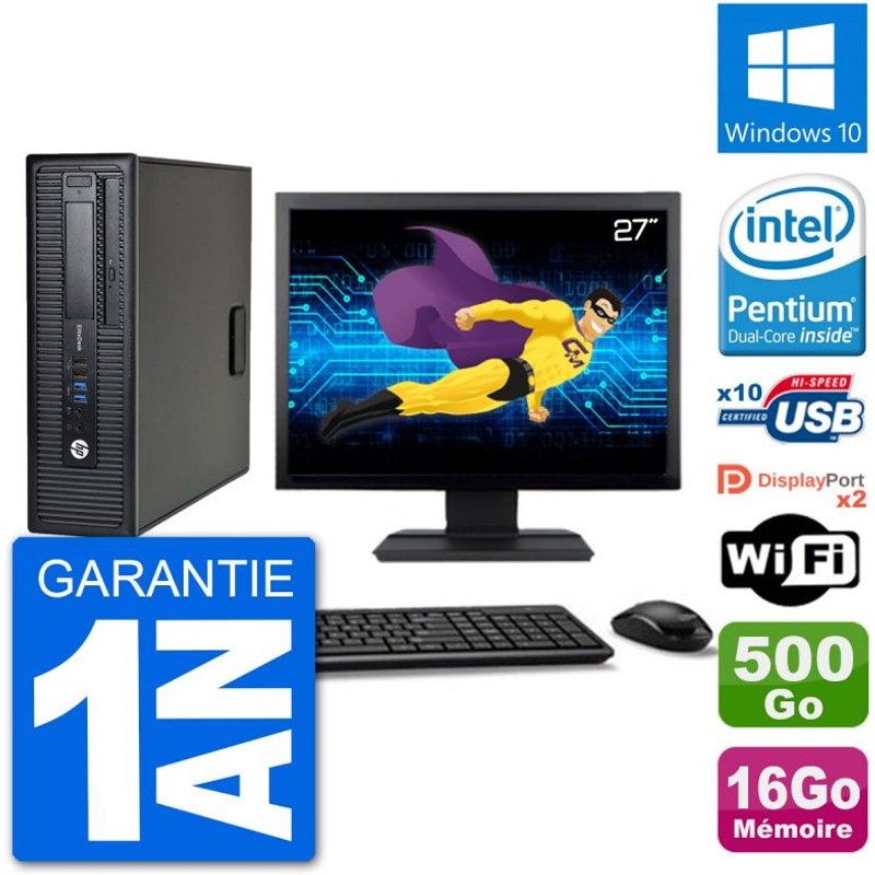 PC HP 800 G1 Ecran 27" Intel G3220 RAM 16Go Disque 500Go Windows 10 Wifi
