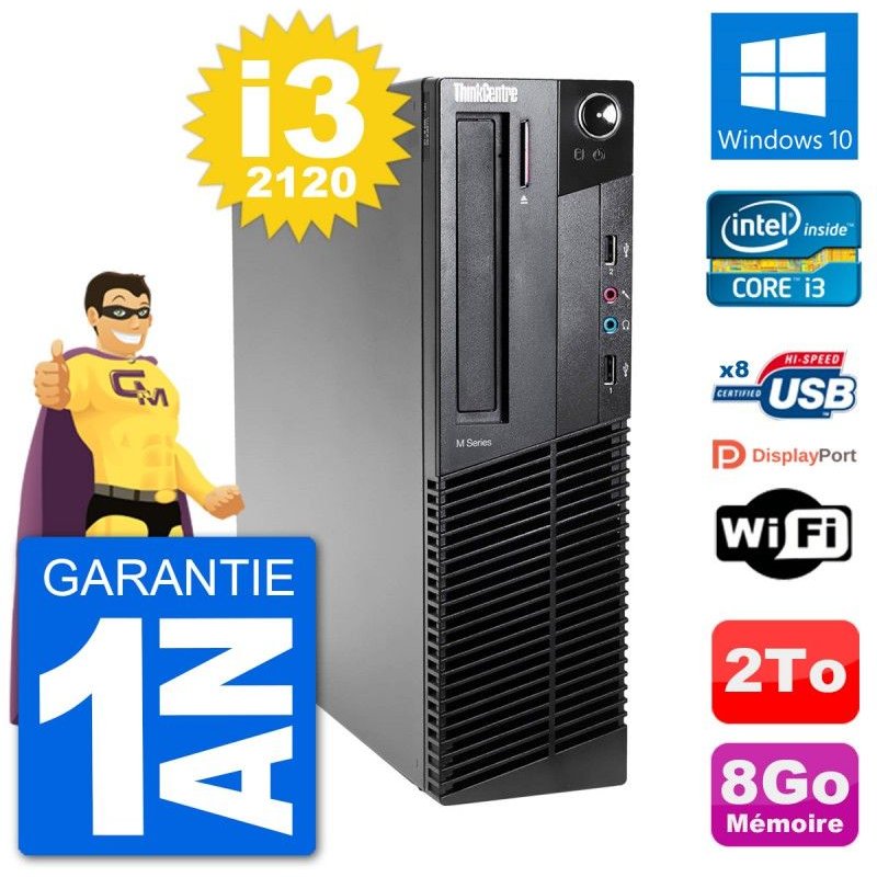 PC Lenovo M92p SFF Intel i3-2120 RAM 8Go Disque Dur 2To Windows 10 Wifi
