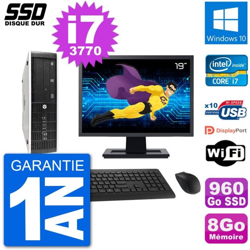 PC HP 8300 Elite SFF Ecran 19" Intel i7-3770 RAM 8Go SSD 960Go Windows 10 Wifi