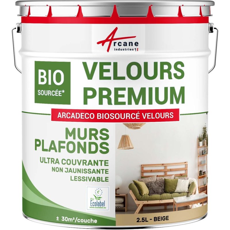Peinture mur et plafond satin velours biosourcée Beige - RAL 1001 2.5 L (+ ou - 30m² par couche)