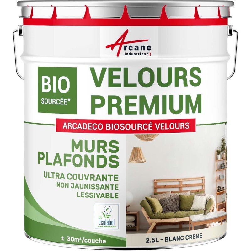 Peinture mur et plafond satin velours biosourcée Blanc Crème - RAL 9001 2.5 L (+ ou - 30m² par couche)