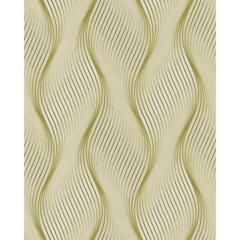 Papier peint à rayures EDEM 85030BR35 papier peint vinyle légèrement texturé avec des lignes ondulées et des accents métalliques vert jaune-olive blanc argent 5,33 m2