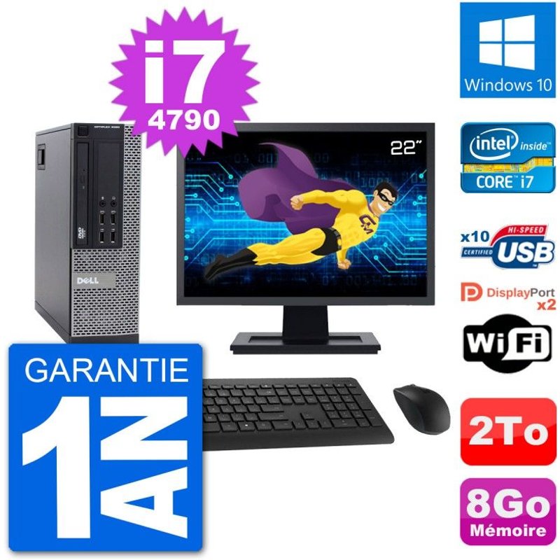 PC Dell 9020 SFF Ecran 22" Intel i7-4790 RAM 8Go Disque 2To Windows 10 Wifi
