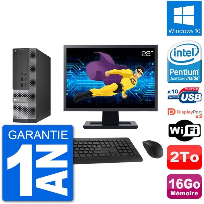 PC Dell 7020 SFF Ecran 22" Intel G3220 RAM 16Go Disque Dur 2To Windows 10 Wifi