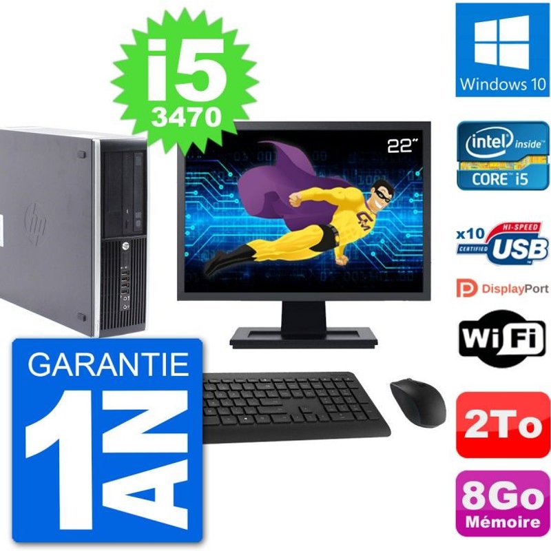 PC HP Compaq Pro 6300 SFF Ecran 22" i5-3470 RAM 8Go Disque 2To Windows 10 Wifi