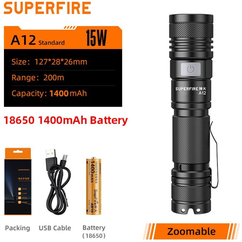 A12-1400mAh SUPERFIRE-Lampe de poche A12 à lumière LED, aste par USB C, zoomable, torche EDC 18650, 5 modes d'éclairage, lanterne pour camping et pêche ""Nipseyteko