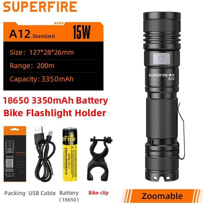A12-3350mAh-Car Clip SUPERFIRE-Lampe de poche A12 à lumière LED, aste par USB C, zoomable, torche EDC 18650, 5 modes d'éclairage, lanterne pour camping et pêche ""Nipseyteko