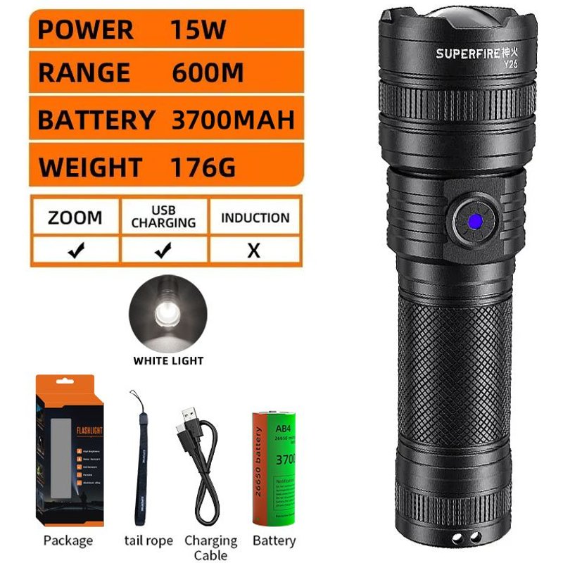 Y26 SUPERFIRE-Torche LED portable aste, lampe de poche à n'aime injuste, lanterne longue durée, lampe de camping, portée 600m, 15W, Y26 ""Nipseyteko
