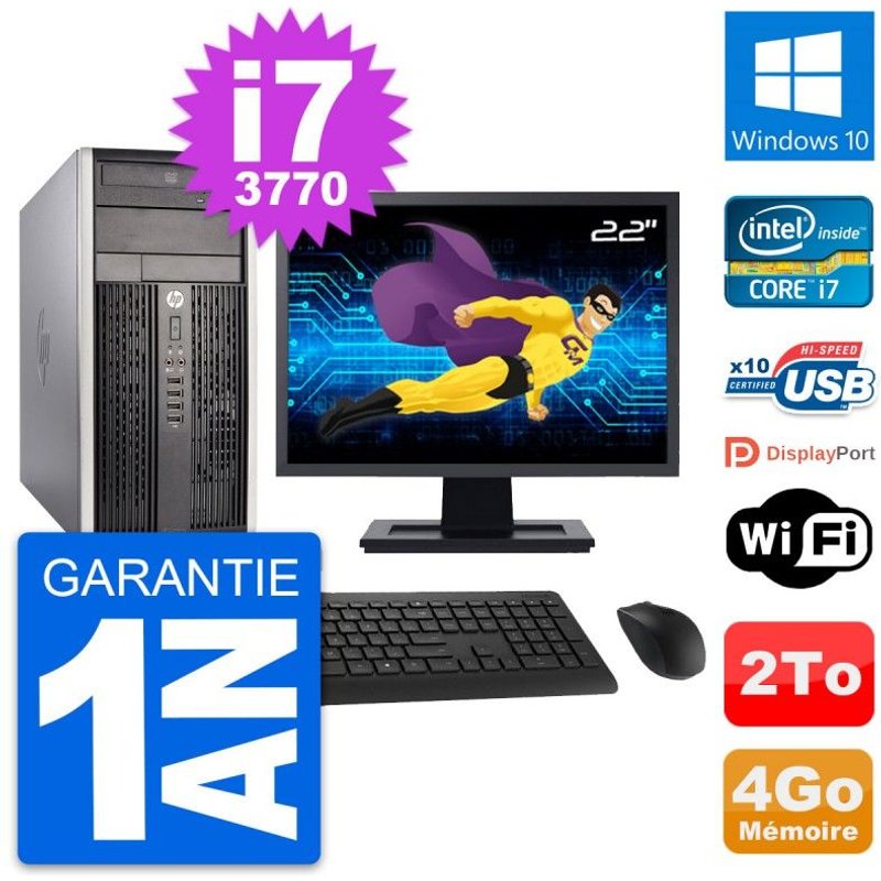 PC Tour HP Pro 6300 CMT Ecran 22" i7-3770 RAM 4Go Disque Dur 2To Windows 10 Wifi