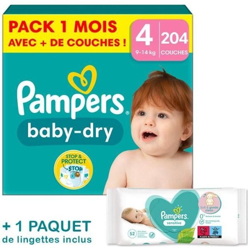 Couches Pampers Baby-Dry Taille 4 - Pack 1 Mois 204 Couches