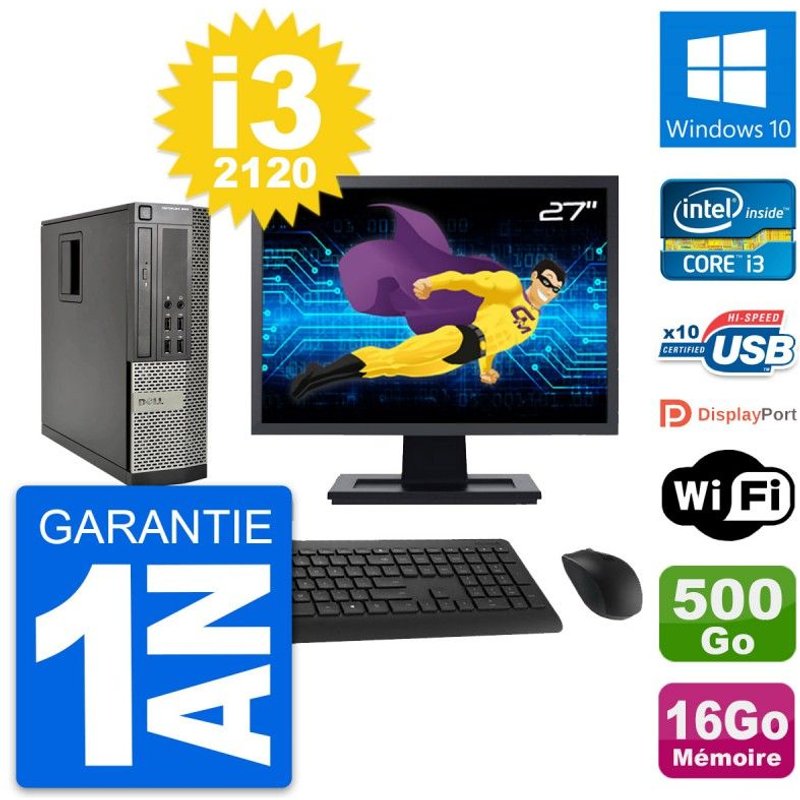 PC Dell 990 SFF Ecran 27" Intel i3-2120 RAM 16Go Disque 500Go Windows 10 Wifi