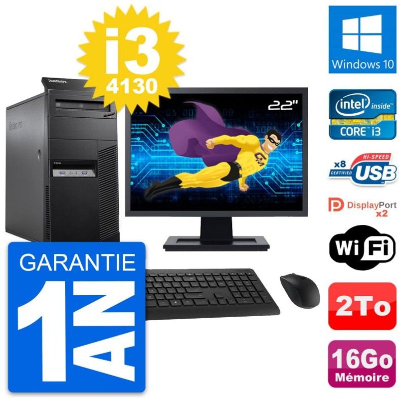 PC Tour Lenovo M83 Ecran 22" Intel i3-4130 RAM 16Go Disque 2To Windows 10 Wifi