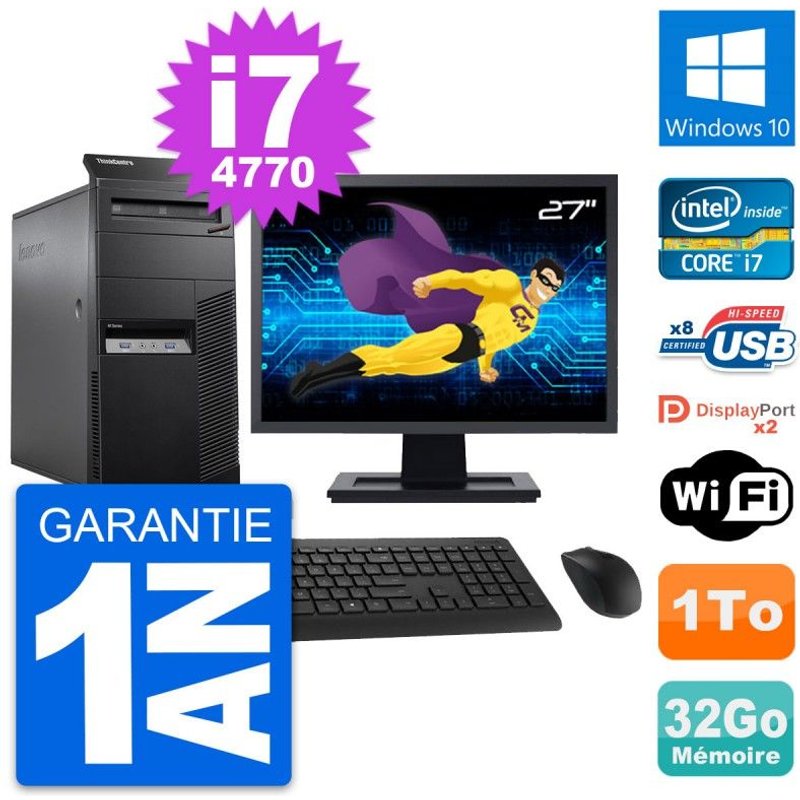 PC Tour Lenovo M83 Ecran 27" Intel i7-4770 RAM 32Go Disque 1To Windows 10 Wifi
