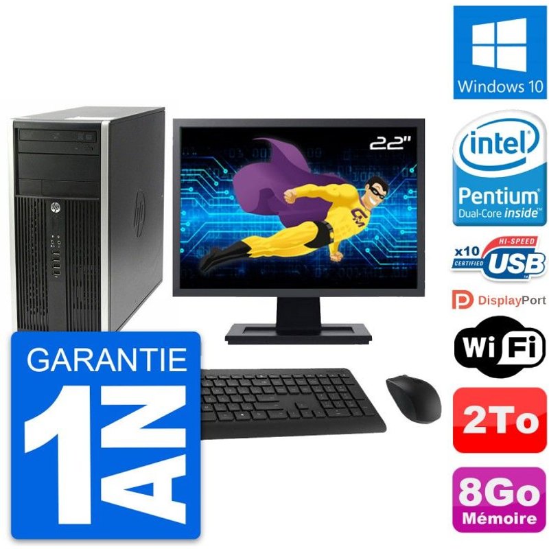 PC Tour HP Pro 6200 CMT Ecran 22" G630 RAM 8Go Disque Dur 2To Windows 10 Wifi