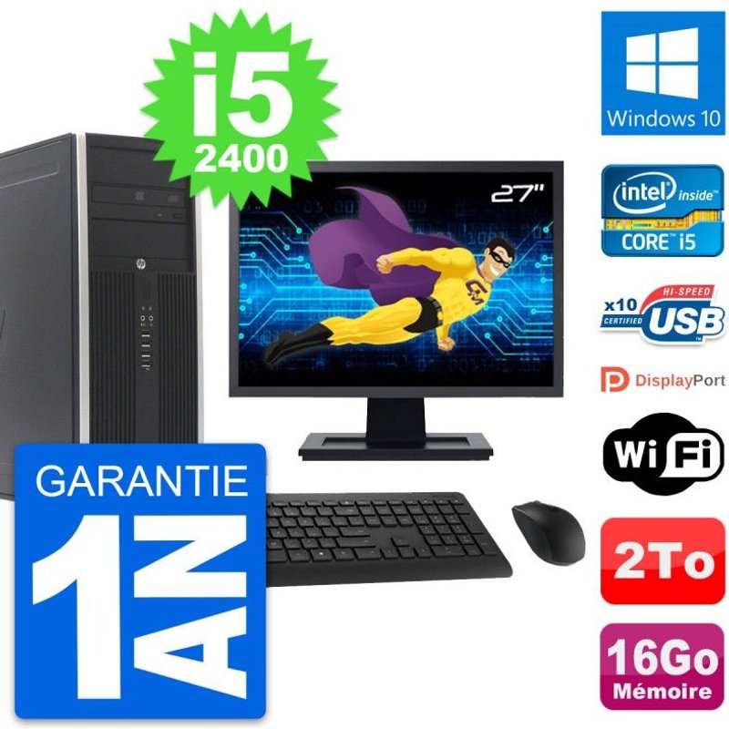 PC Tour HP 8300 Ecran 27" Intel i5-2400 RAM 16Go Disque Dur 2To Windows 10 Wifi