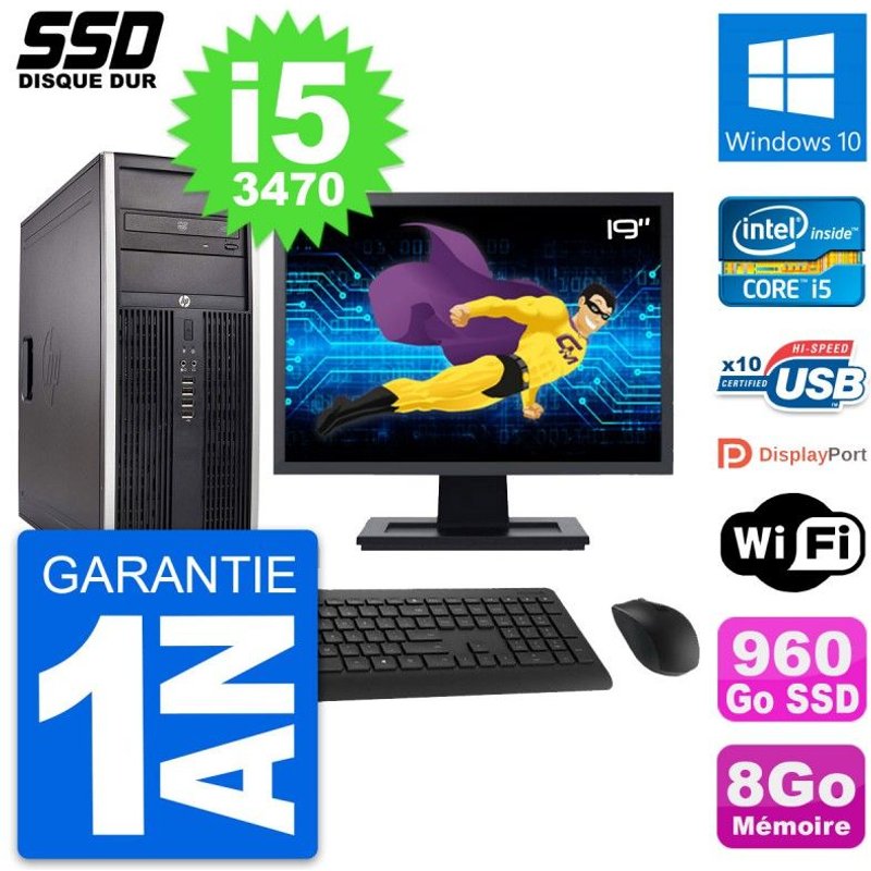 PC Tour HP Elite 8300 Ecran 19" Intel i5-3470 RAM 8Go SSD 960Go Windows 10 Wifi