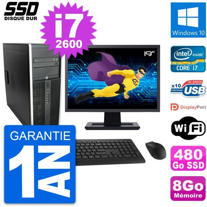 PC Tour HP Elite 8300 Ecran 19" Intel i7-2600 RAM 8Go SSD 480Go Windows 10 Wifi