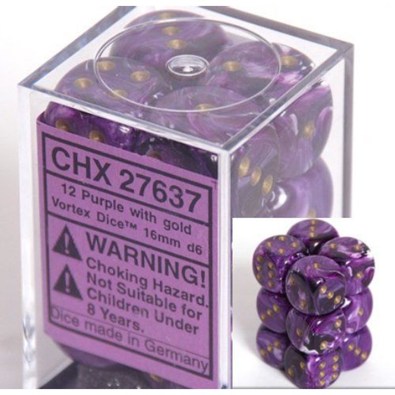 Chessex Dice D6 Sets Vortex Purple With Gold - 16mm Six Sided Die (12) Block Of Dice