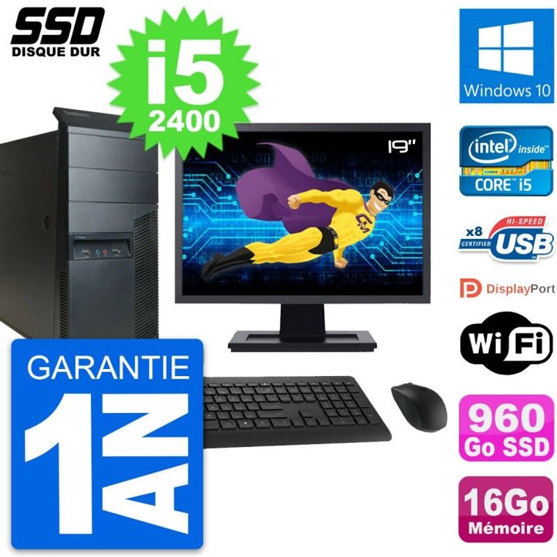 PC Tour Lenovo M91p Ecran 19" Core i5-2400 RAM 16Go SSD 960Go Windows 10 Wifi