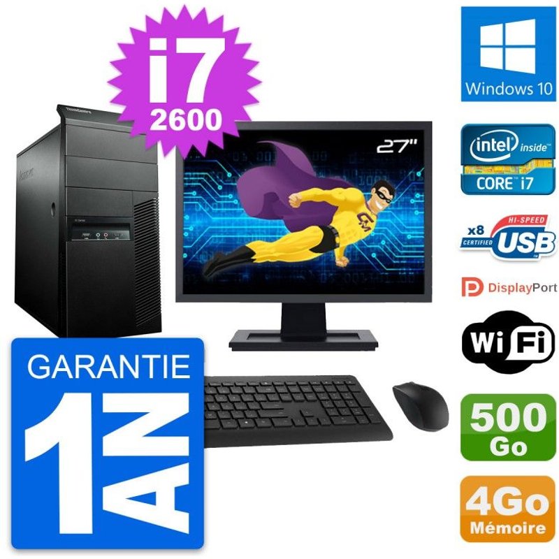 PC Tour Lenovo M91p Ecran 27" Intel i7-2600 RAM 4Go Disque 500Go Windows 10 Wifi