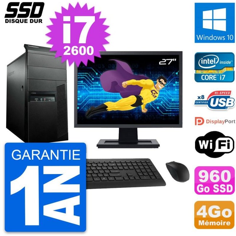PC Tour Lenovo M91p Ecran 27" Core i7-2600 RAM 4Go SSD 960Go Windows 10 Wifi