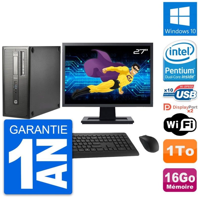 PC Tour HP EliteDesk 800 G1 Ecran 27" G3220 RAM 16Go Disque 1To Windows 10 Wifi