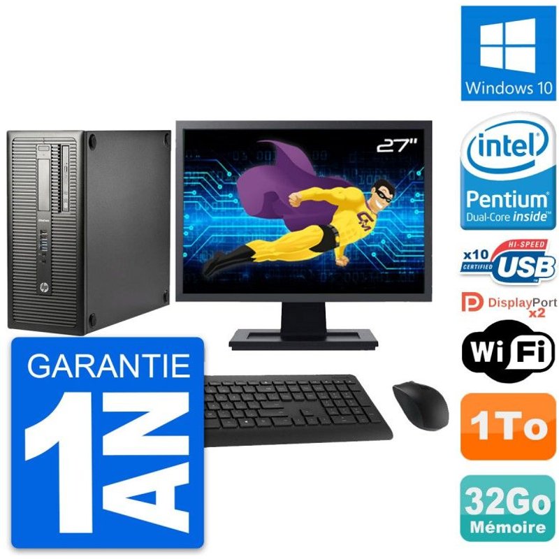 PC Tour HP EliteDesk 800 G1 Ecran 27" G3220 RAM 32Go Disque 1To Windows 10 Wifi