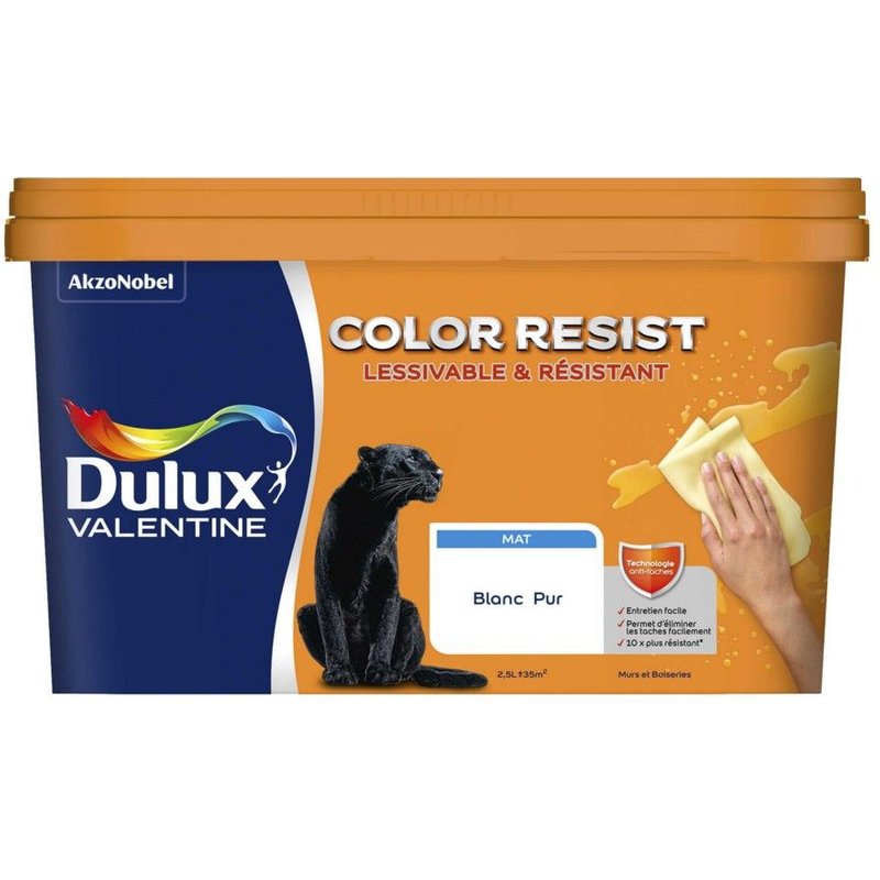 Peinture DULUX VALENTINE Color Resist Murs & Boiseries Mat Blanc Pur 2,5L