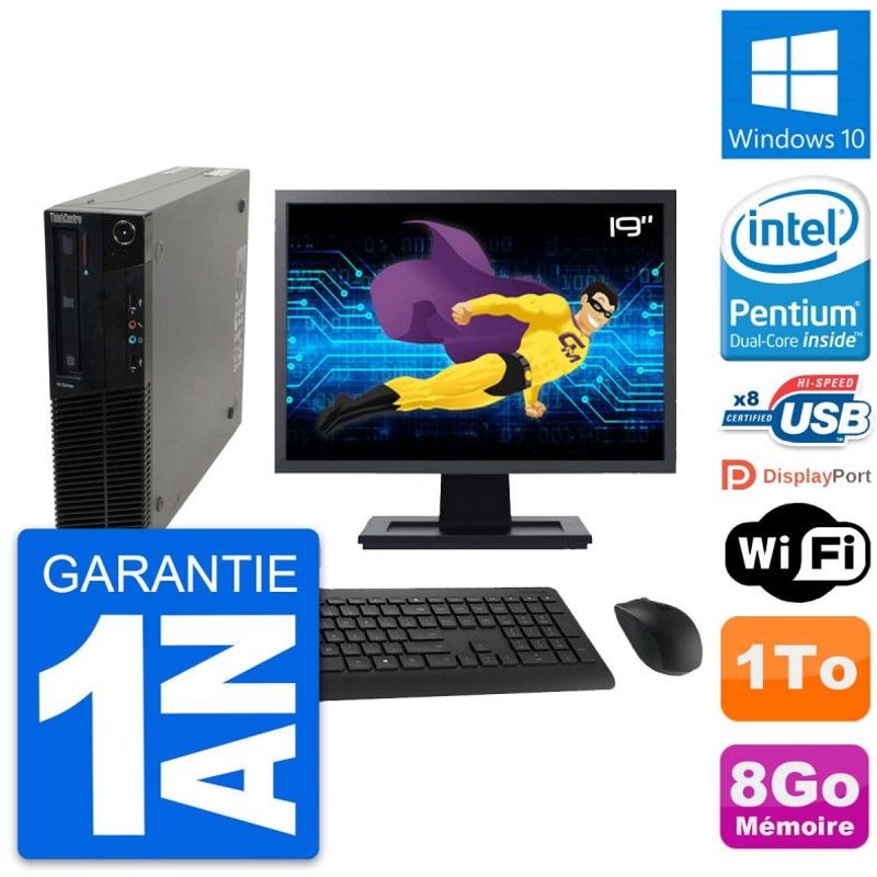 PC Lenovo M82 SFF Ecran 19" Intel G630 RAM 8Go Disque Dur 1To Windows 10 Wifi