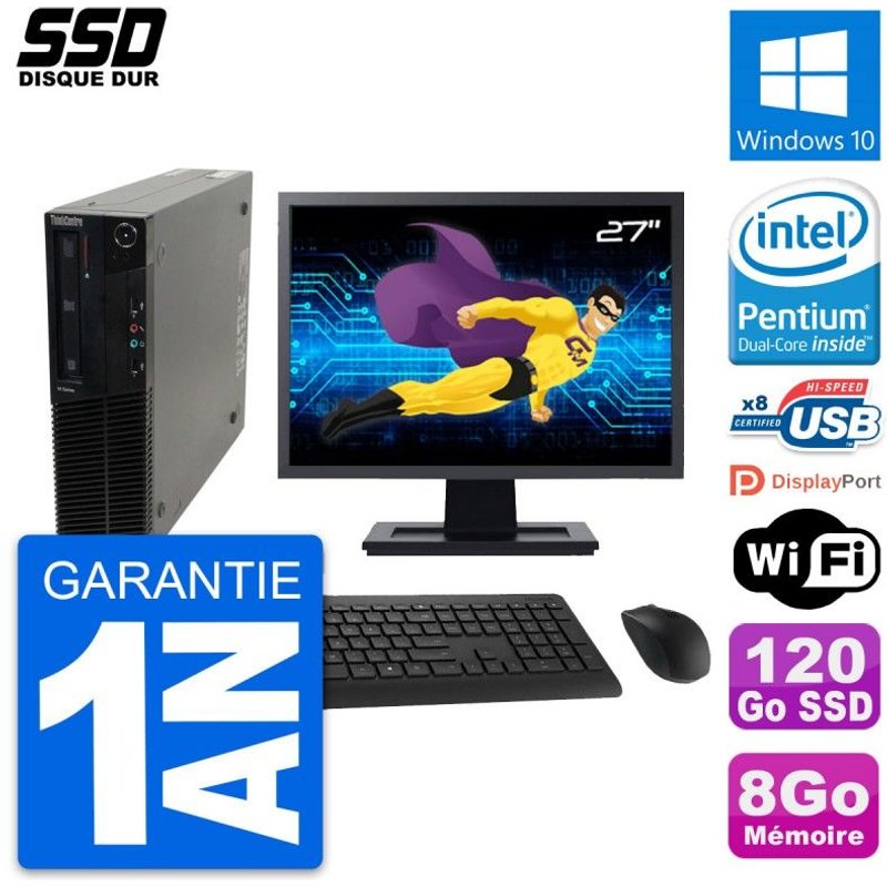 PC Lenovo M82 SFF Ecran 27" Intel G630 RAM 8Go SSD 120Go Windows 10 Wifi