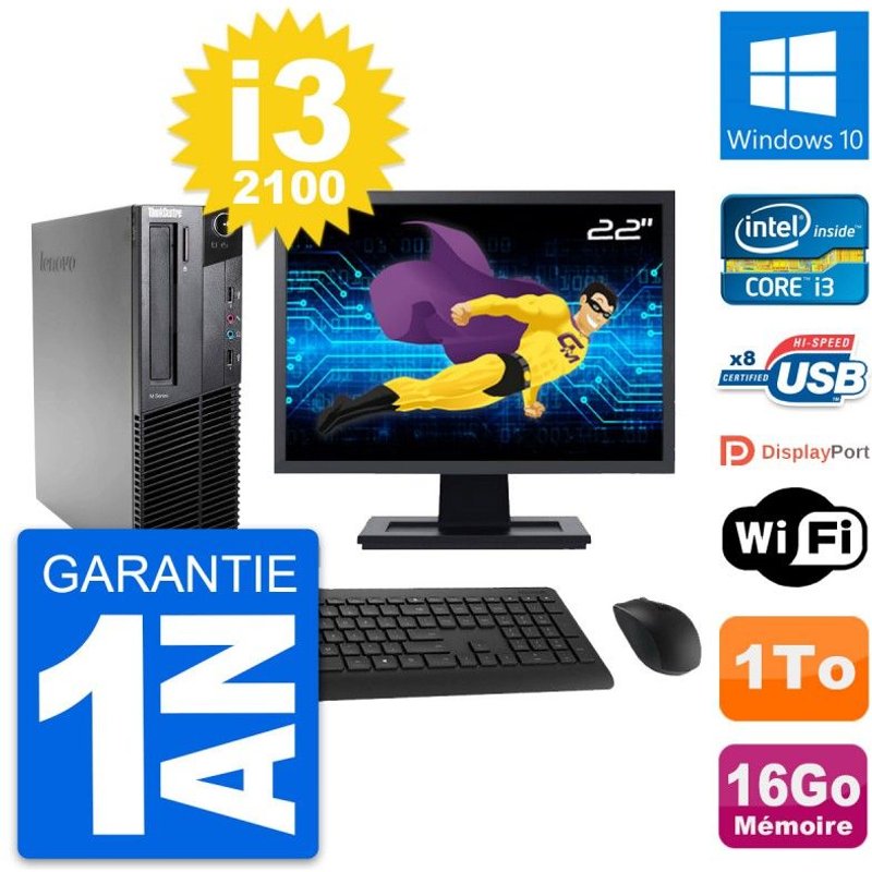 PC Lenovo M82 SFF Ecran 22" Intel i3-2100 RAM 16Go Disque 1To Windows 10 Wifi