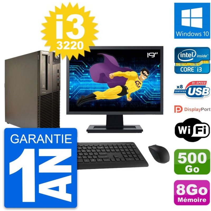 PC Lenovo M82 SFF Ecran 19" Intel i3-3220 RAM 8Go Disque 500Go Windows 10 Wifi