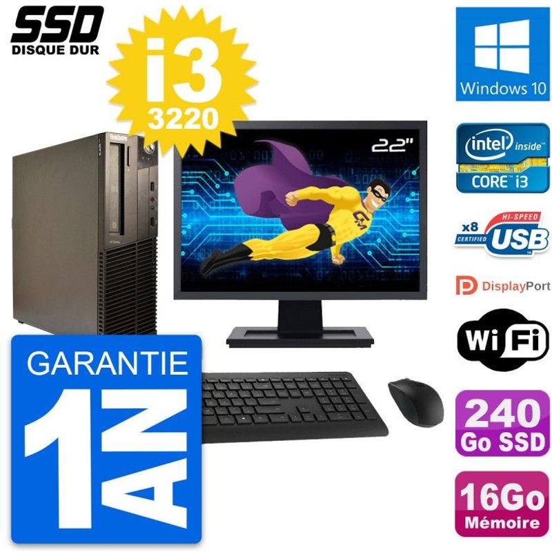 PC Lenovo M82 SFF Ecran 22" Intel i3-3220 RAM 16Go SSD 240Go Windows 10 Wifi