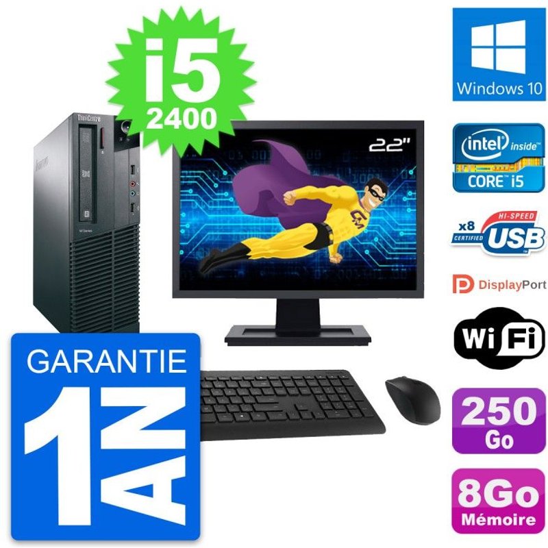 PC Lenovo M82 SFF Ecran 22" Intel i5-2400 RAM 8Go Disque 250Go Windows 10 Wifi