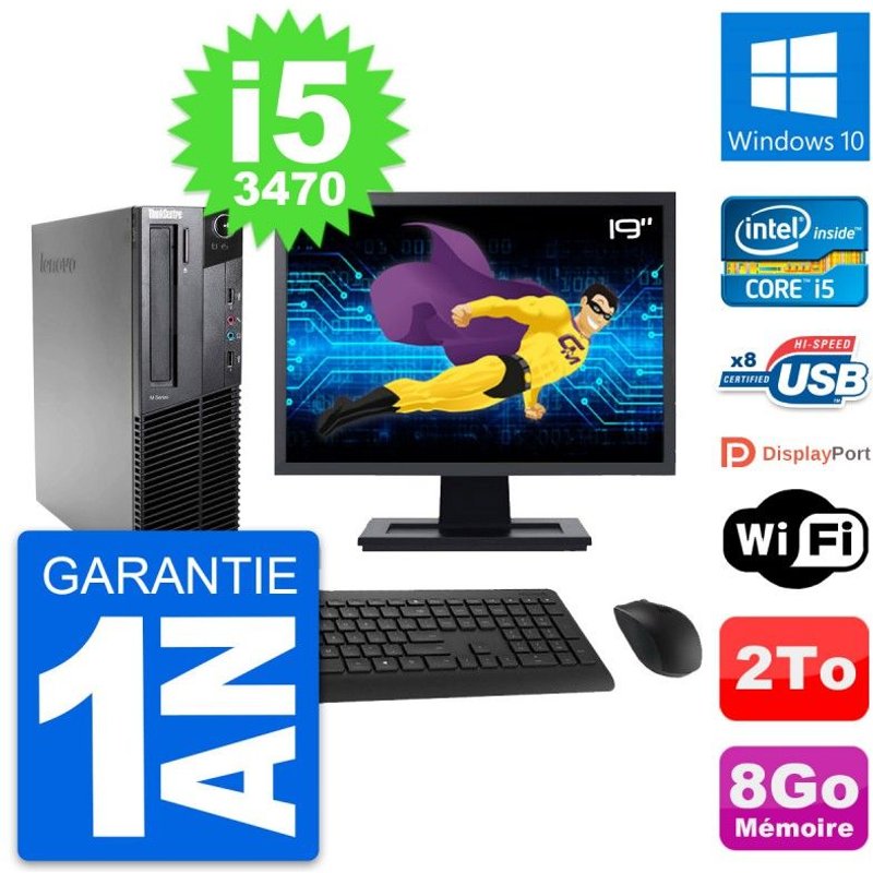 PC Lenovo M82 SFF Ecran 19" Intel i5-3470 RAM 8Go Disque Dur 2To Windows 10 Wifi