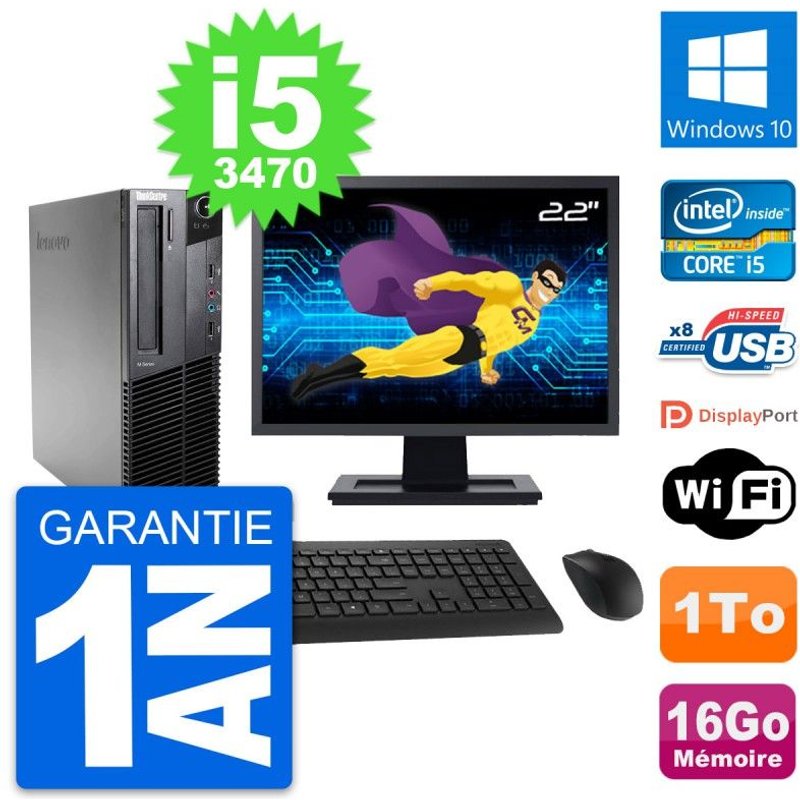 PC Lenovo M82 SFF Ecran 22" Intel i5-3470 RAM 16Go Disque 1To Windows 10 Wifi