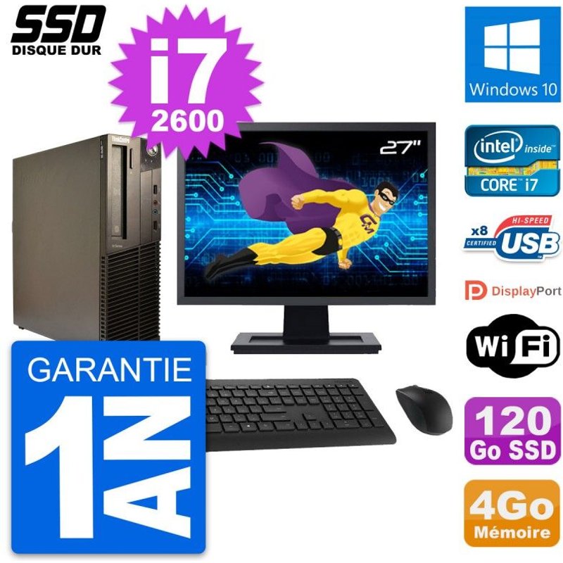 PC Lenovo M82 SFF Ecran 27" Intel Core i7-2600 RAM 4Go SSD 120Go Windows 10 Wifi