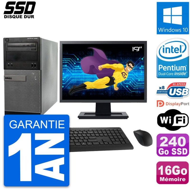 PC Tour Dell 3020 Ecran 19" Intel G3220 RAM 16Go SSD 240Go Windows 10 Wifi