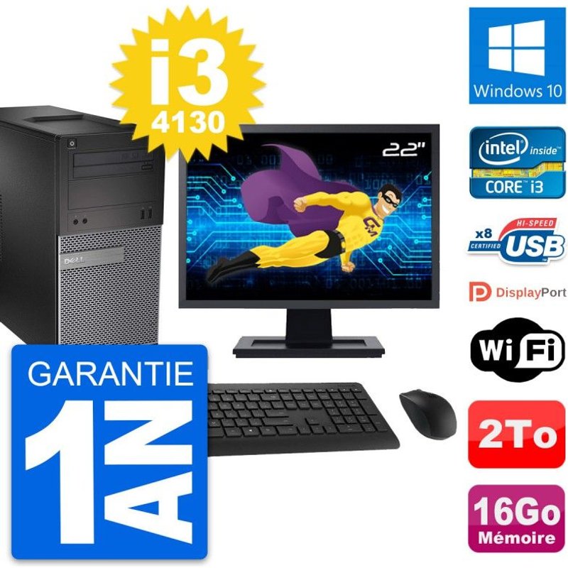 PC Tour Dell 3020 Ecran 22" Intel i3-4130 RAM 16Go Disque 2To Windows 10 Wifi