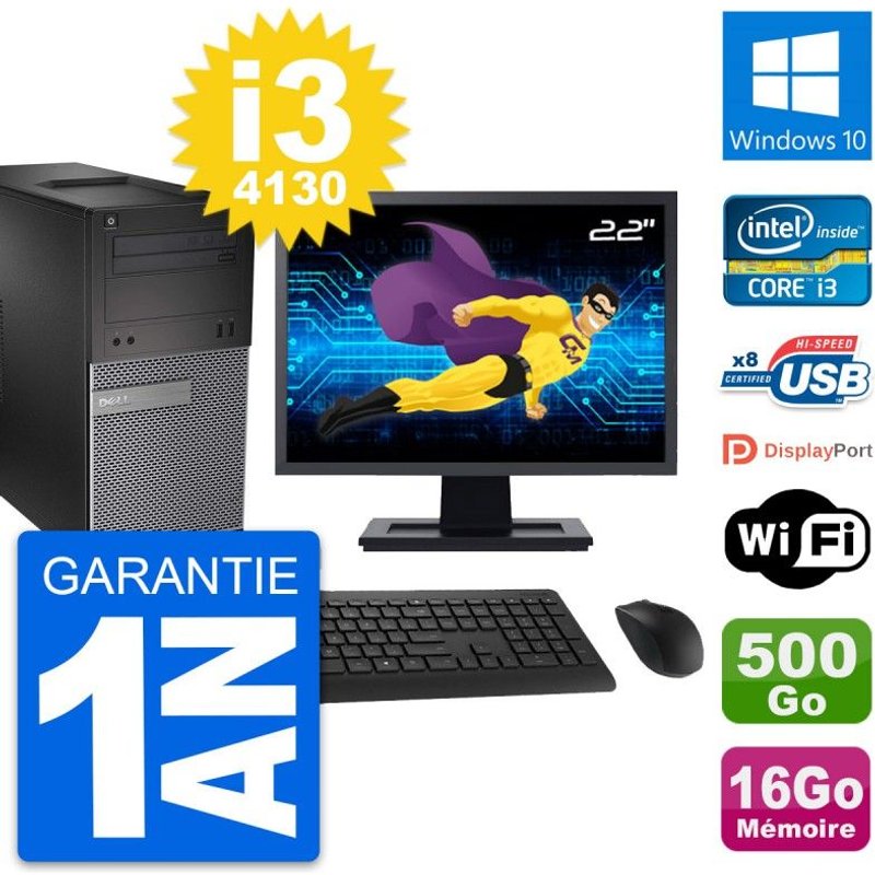PC Tour Dell 3020 Ecran 22" Intel i3-4130 RAM 16Go Disque 500Go Windows 10 Wifi