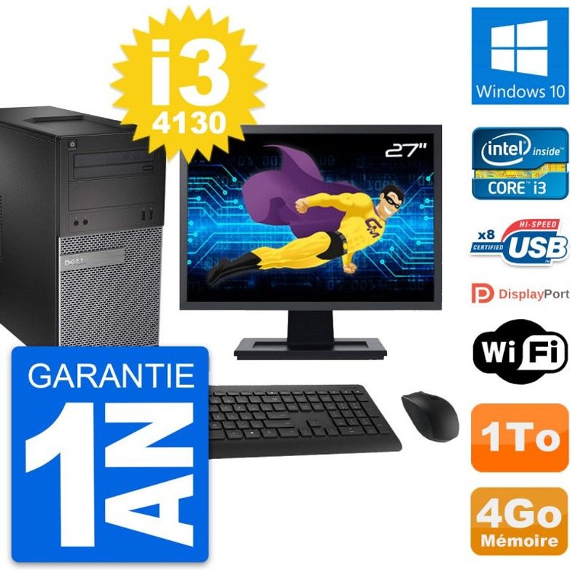 PC Tour Dell 3020 Ecran 27" Intel i3-4130 RAM 4Go Disque 1To Windows 10 Wifi