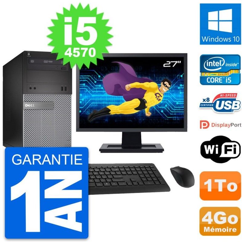 PC Tour Dell 3020 Ecran 27" Intel i5-4570 RAM 4Go Disque 1To Windows 10 Wifi