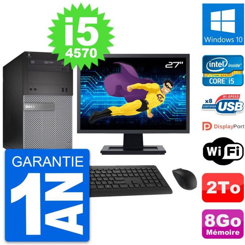 PC Tour Dell 3020 Ecran 27" Intel i5-4570 RAM 8Go Disque 2To Windows 10 Wifi