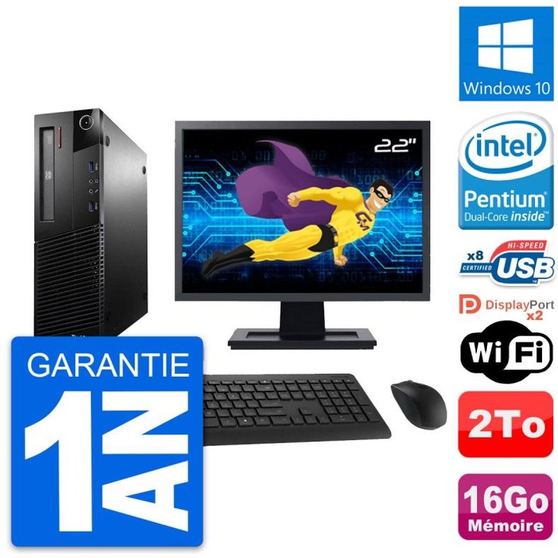 PC Lenovo M93p SFF Ecran 22" Intel G3220 RAM 16Go Disque Dur 2To Windows 10 Wifi